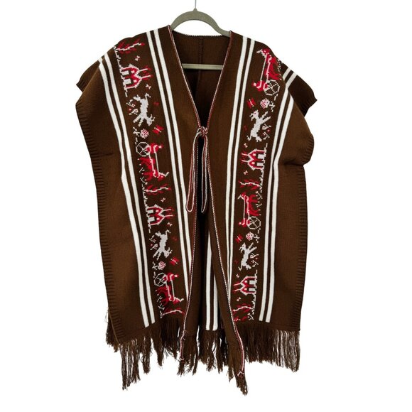 70s Pioneer Knit Poncho With Fringe & Oregon Trail-Inspired Design